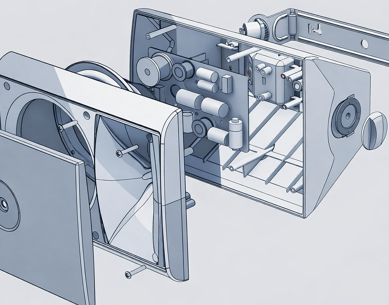 Exploded CAD view illustrating integrated electronic and mechanical product development